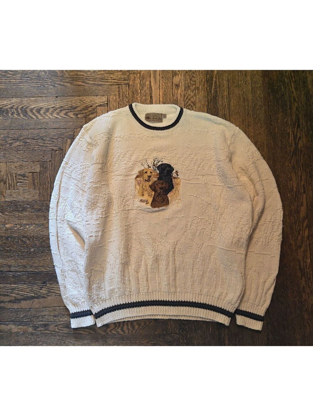 Shenandoah Mens Vintage Labradors Embroidered Knit Sweater Cream Size L Tall USA